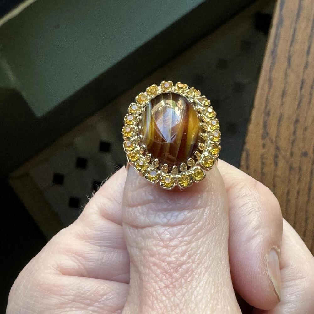Vintage Adjustable Tigers Eye Ring Jewelry Statement Single Cocktail